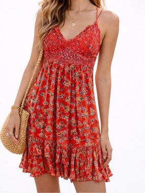 Free People FP One Med Adella Strappy Mini Dress Floral Print Ruffled Red Meadow
